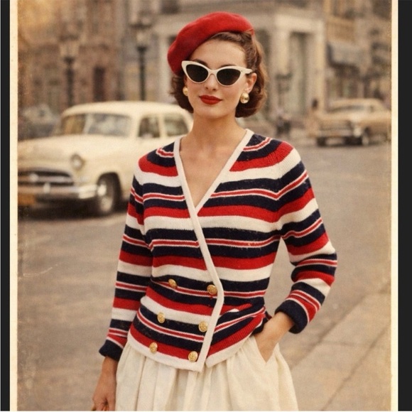 Vintage Sweaters - Vintage 1960s Multi Color Stripe Ribbed Double Knit Cardigan Sweater size Large